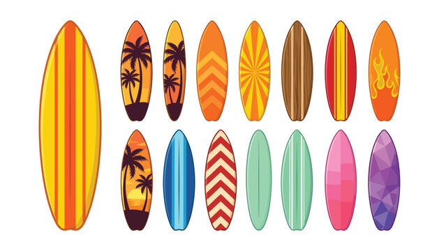 Colorful surfboard collection with various patterns like palm trees stripes and flames for summer surfing flat vector illustration