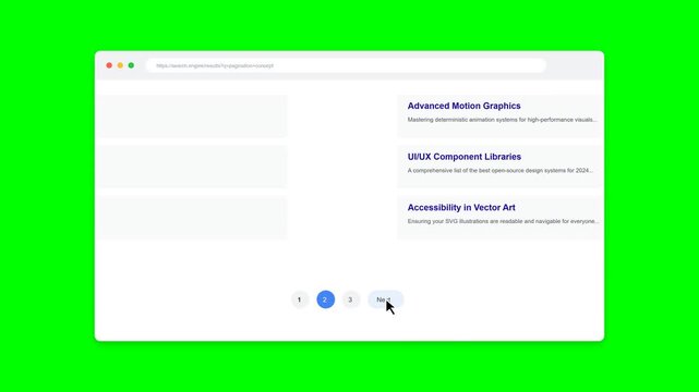 Web Search Results Page UI with Pagination Navigation and Mouse Clicking Next on Green Screen