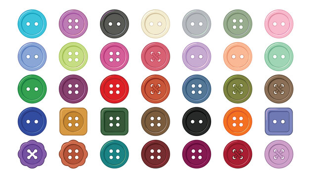 Flat vector sewing buttons collection featuring colorful round square and flower shaped plastic fasteners with threads isolated element set