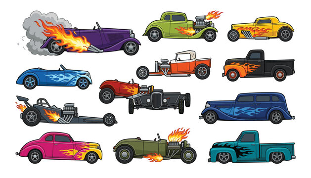 Hot rod custom vintage cars set with fire flames classic retro muscle racing vehicles side view vector illustration