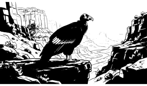 Endangered California Condor Wildlife Bird in Canyon Habitat Flat Hand Drawn Vector
