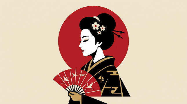 Vector illustration of a traditional Japanese geisha with a fan and red sun background in minimalist style