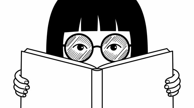 A person with glasses is reading a book, represented in a simple black and white illustration