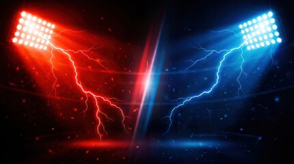 Obraz premium Red and Blue Stadium Lights Emitting Electric Lightning Flashes on Dark Background Abstract Energy Concept