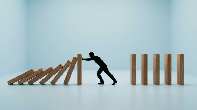 Silhouette of businessman stopping falling domino effect in minimalist blue room concept
