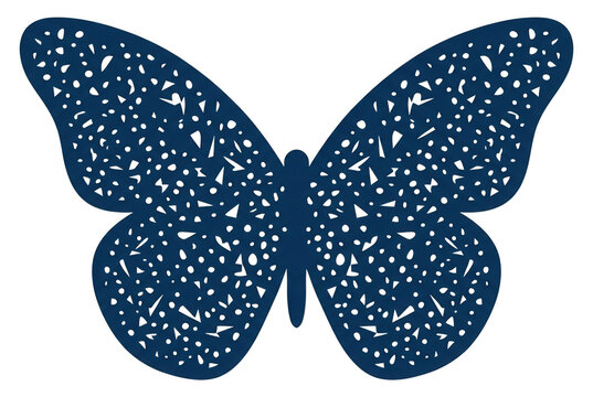 Ilustra&ccedil;&atilde;o vetorial de uma borboleta azul estilizada com textura de pontos e formas geom&eacute;tricas vazadas, isolada em um fundo branco limpo, ideal para design gr&aacute;fico e decora&ccedil;&atilde;o.