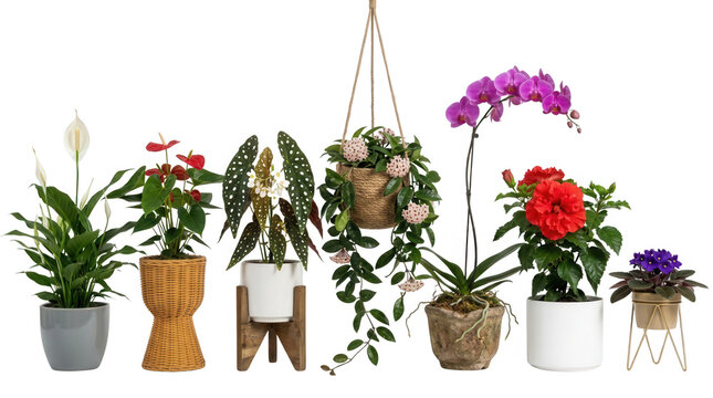 Cole&ccedil;&atilde;o de diversas plantas de interior em vasos decorativos variados, incluindo l&iacute;rio da paz, orqu&iacute;dea, hibisco e beg&ocirc;nia, isoladas em um fundo branco limpo para design de interiores.