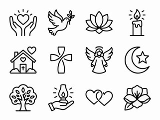 Naklejka premium Religious and spiritual symbol icon set line art vector for cultural web interfaces and church community designs