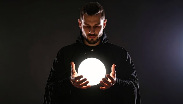 Mysterious man casting magic spell with glowing orb in dark silhouette photograph