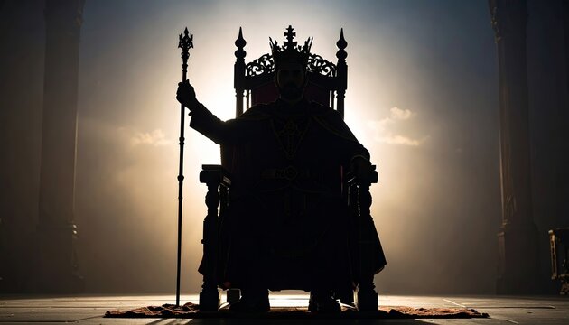Silhouette of a King on throne grasping scepter in professional setting