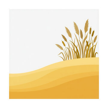 Ilustra&ccedil;&atilde;o vetorial minimalista de um campo de trigo dourado com espigas e grama em um fundo branco, ideal para designs de outono, colheita, agricultura e conceitos de natureza org&acirc;nica.