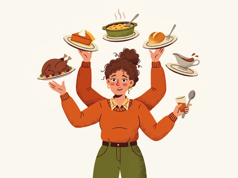 Busy woman with many arms juggling dinner plates flat vector illustration for Thanksgiving holiday stress and multitasking concept
