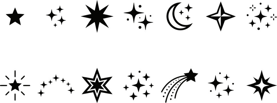 A variety of fourteen black star, moon, and sparkle icons arranged in two clear rows on white