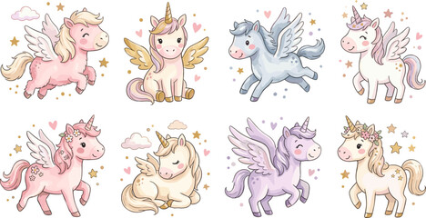 Obraz premium Cute Baby Unicorn and Pegasus Vector Clip Art Set Featuring Mythical Flying Horses with Stars and Hearts Elements Isolated on White Background