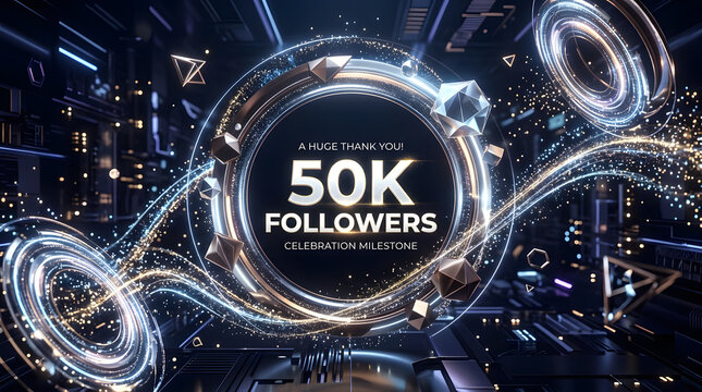 50K Followers Celebration Milestone With Futuristic Gold Ring, Sparkling Particles And Technology Background