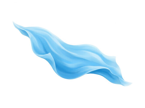 Tecido de seda azul claro flutuando suavemente em movimento din&acirc;mico isolado sobre um fundo branco, criando curvas elegantes e uma sensa&ccedil;&atilde;o de leveza e fluidez.