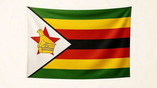 Official National Flag of Zimbabwe with Fabric Texture Waving Smoothly Isolated on White Background