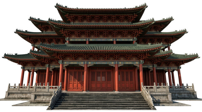 Templo tradicional chin&ecirc;s com arquitetura cl&aacute;ssica, telhados curvos e detalhes em madeira vermelha, isolado sobre um fundo branco para design e composi&ccedil;&atilde;o arquitet&ocirc;nica.