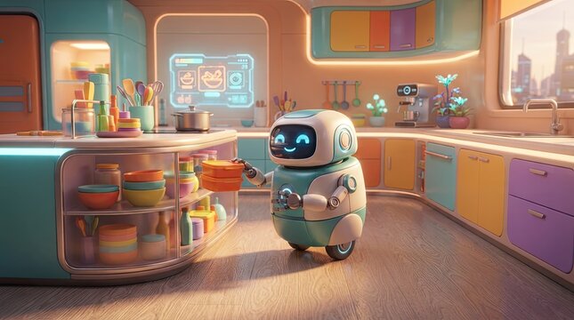A small friendly robot organizes colorful plastic containers on a shelf in a modern kitchen with cheerful small robot stands wooden floor vibrant kitchen while placing orange containers onto shelf