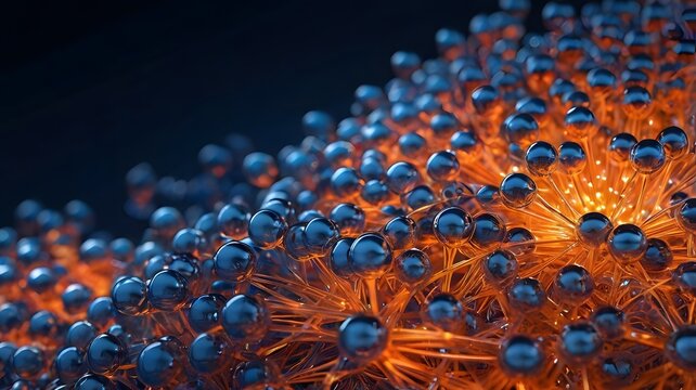 Microscopic organic molecular cell sphere background blue orange glowing liquid macro biological science nano technology 3d render