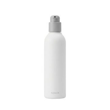 Frasco de cosm&eacute;tico branco fosco com dispensador de bomba cinza, ideal para produtos de cuidados com a pele, lo&ccedil;&otilde;es ou sabonetes l&iacute;quidos, isolado em um fundo branco limpo.