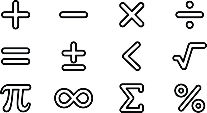 A collection of various common mathematical symbols and operators displayed in simple outline icons