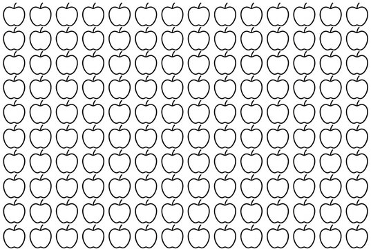 Padr&atilde;o repetitivo de contornos de ma&ccedil;&atilde;s dispostas em uma grade organizada sobre um fundo branco, ideal para design gr&aacute;fico, papel de parede ou projetos de arte minimalista.