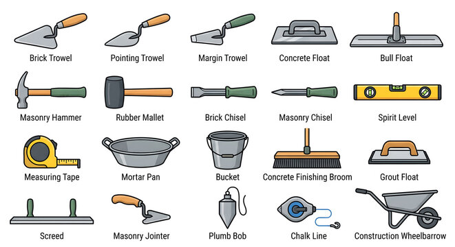 Masonry and construction tools set vector illustration