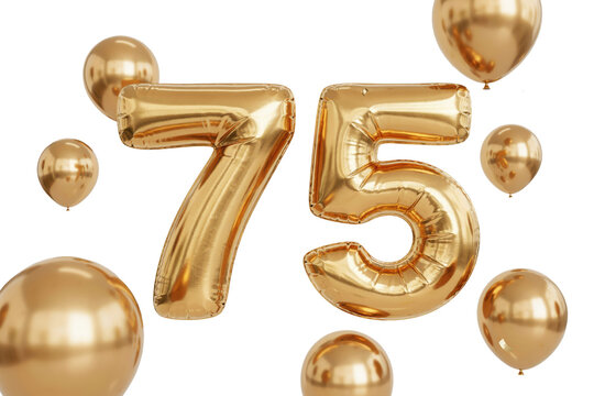 Shiny gold foil balloons in the shape of number seventy five with floating confetti and round balloons isolated on a transparent background