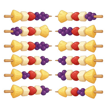 Conjunto de espetinhos de frutas frescas com abacaxi, morango, uvas e queijo em estilo ilustra&ccedil;&atilde;o vetorial isolado sobre fundo branco para design de menu de comida saud&aacute;vel.