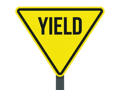 Placa de tr&acirc;nsito amarela triangular com a palavra YIELD escrita em letras pretas, isolada em fundo branco, representando sinaliza&ccedil;&atilde;o de prefer&ecirc;ncia e seguran&ccedil;a vi&aacute;ria.