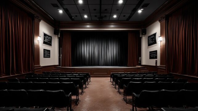 Empty theater stage with red curtains and dim lighting for performance