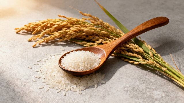Wooden Spoon With White Rice Grains and Golden Rice Stalks On Neutral Background