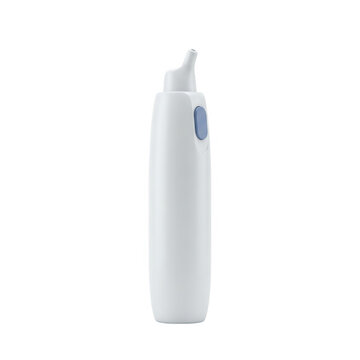 Dispositivo m&eacute;dico de irriga&ccedil;&atilde;o nasal branco com bot&atilde;o azul, isolado em fundo branco, ideal para cuidados de sa&uacute;de, higiene respirat&oacute;ria e al&iacute;vio de congest&atilde;o nasal em casa.