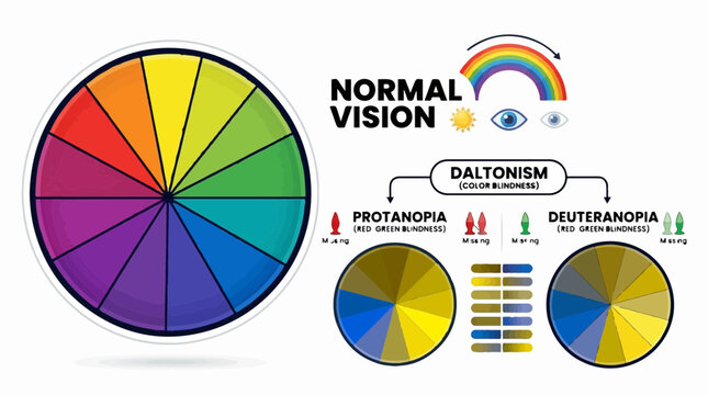 Color blindness daltonism comparison flat vector infographic for medical education and vision testing isolated on white background