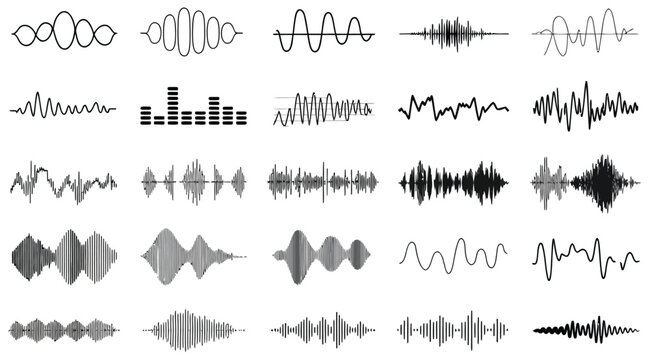 Audio waveform sound frequency visualizer elements for music production and digital media analysis.