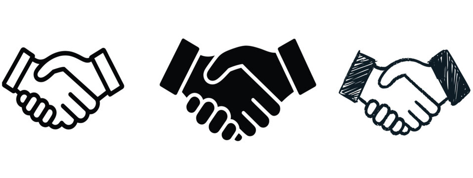 Business handshake icons set in outline solid and hand drawn styles for agreement and partnership concepts.