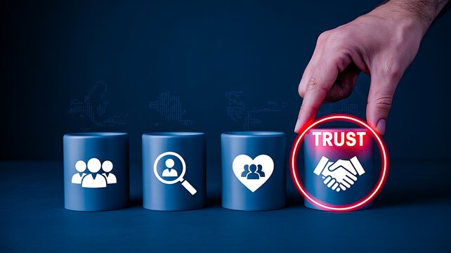 Hand selecting trust icon among business blocks representing credibility, reputation, security, and customer confidence