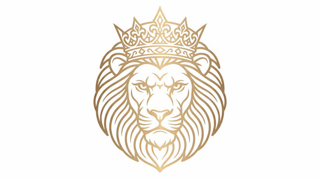 Golden Lion Head Wearing a Crown Minimalist Line Art Logo Illustration Symbolizing Power and Royalty on White Background