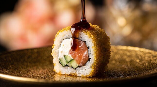 A macro shot of sweet dark unagi sauce dripping onto a fresh salmon and cream cheese sushi roll topped with yellow tobiko roe on a golden plate.