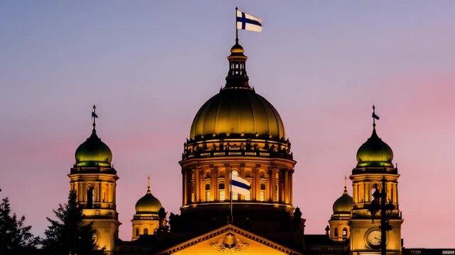 Illuminated golden domes of a historic palace at dusk