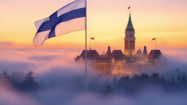 Waving finnish flag over a foggy city at sunrise