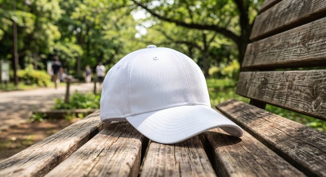 Photorealistic mockup of a blank white baseball cap on a wooden bench