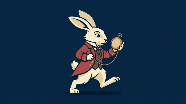 Anthropomorphic white rabbit wearing a red coat and holding a golden pocket watch while running urgently on a dark blue background