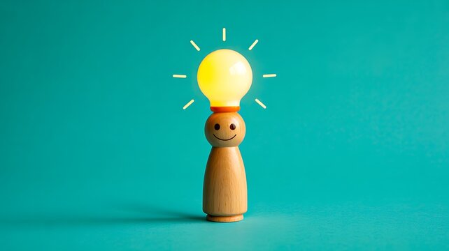 Wooden mannequin holding glowing light bulb representing ideas, creativity, and human intelligence