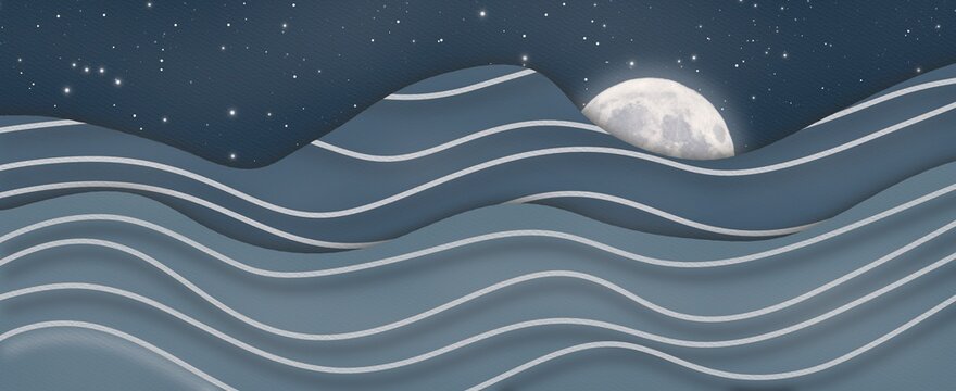 Abstract Moonlit Landscape with Layered Paper Waves and Starry Night Sky