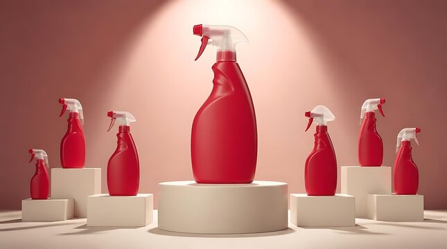 Red spray bottles arranged on pedestals with spotlight.