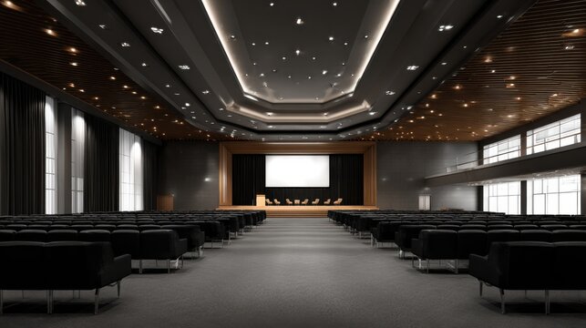Modern Conference Hall with Empty Seats and Bright Stage Lighting