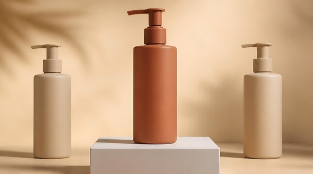 Three minimalist cosmetic bottles with pump dispensers on a neutral background.