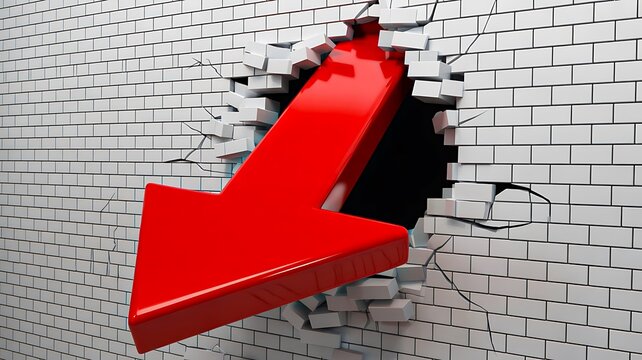 Red upward arrow breaking through a brick wall representing business growth and overcoming obstacles